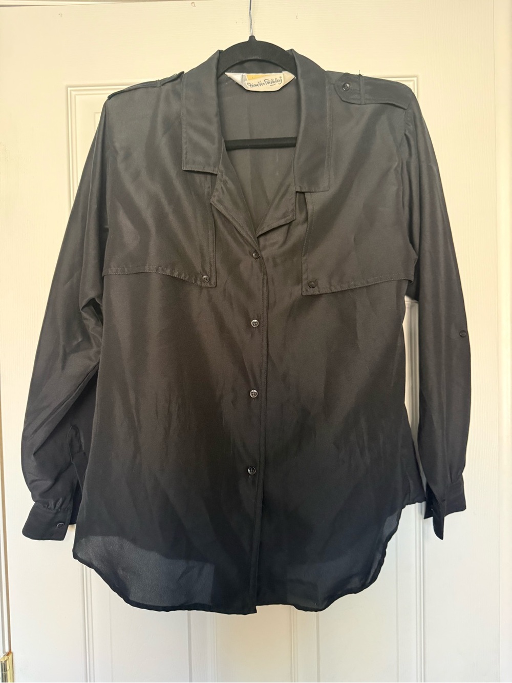 Vintage Diane Von Furstenberg Black Utility Blouse Size 8 Epaulet DVF Shirt